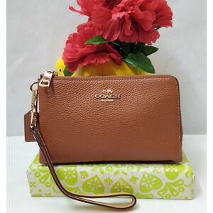 Coach Brown Pebbled Leather Double Zipper Closure Credit Card Wristlet - Wallet